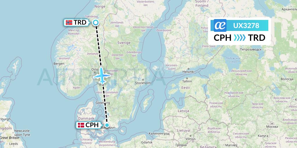 UX3278 Air Europa Flight Map: Copenhagen to Trondheim