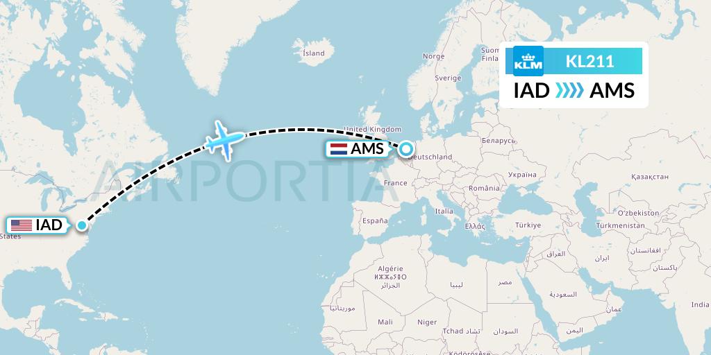 KL211 KLM Flight Map: Washington to Amsterdam