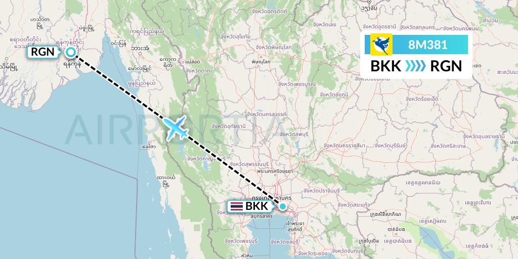 8M381 Myanmar Airways International Flight Map: Bangkok to Yangon