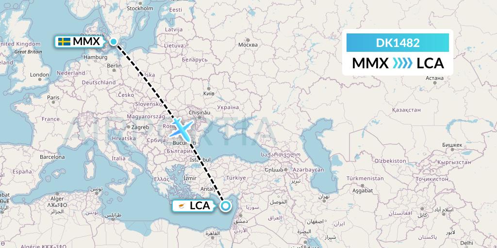 DK1482 Thomas Cook Airlines Scandinavia Flight Map: Malmo to Larnaca