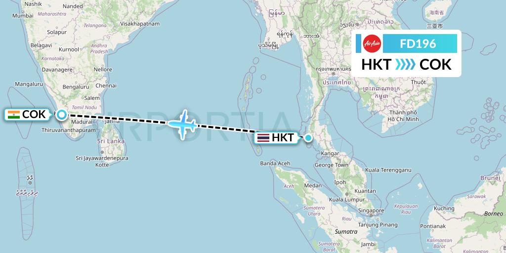 FD196 Thai AirAsia Flight Map: Phuket to Cochin