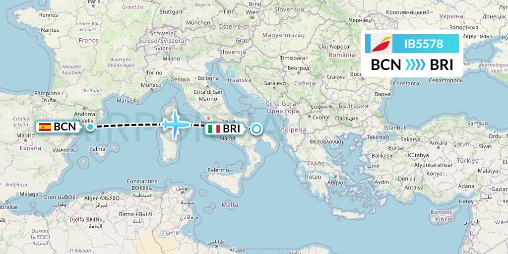 IB5578 Iberia Flight Map: Barcelona to Bari