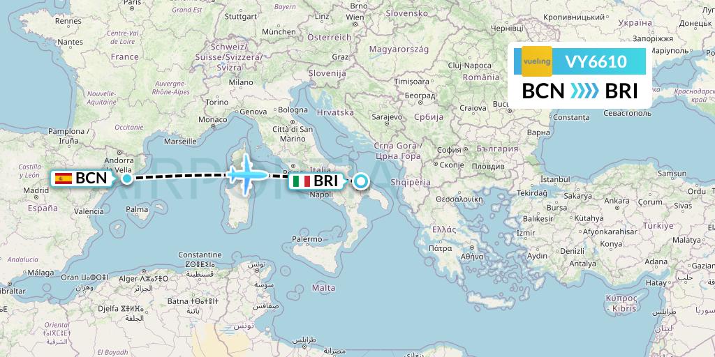 VY6610 Vueling Flight Map: Barcelona to Bari