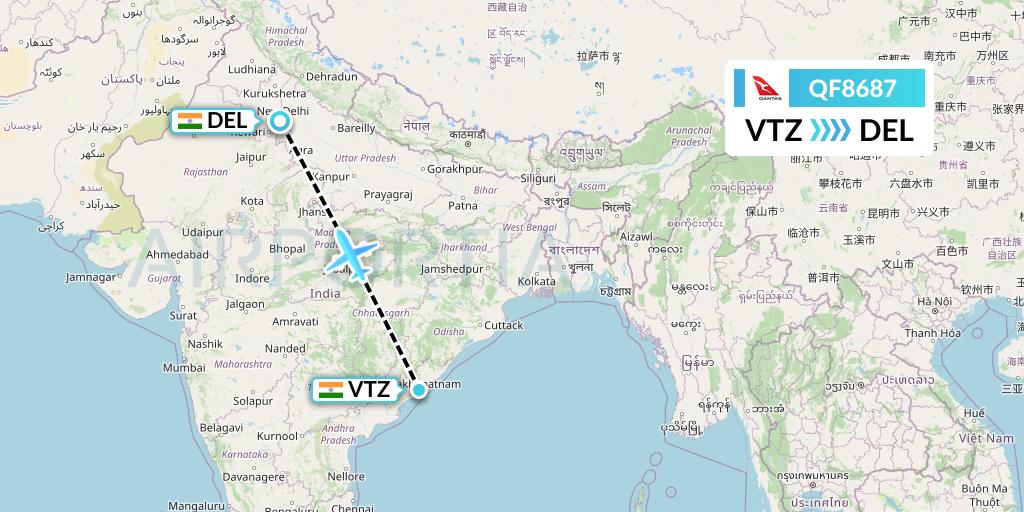 QF8687 Qantas Flight Map: Visakhapatnam to Delhi