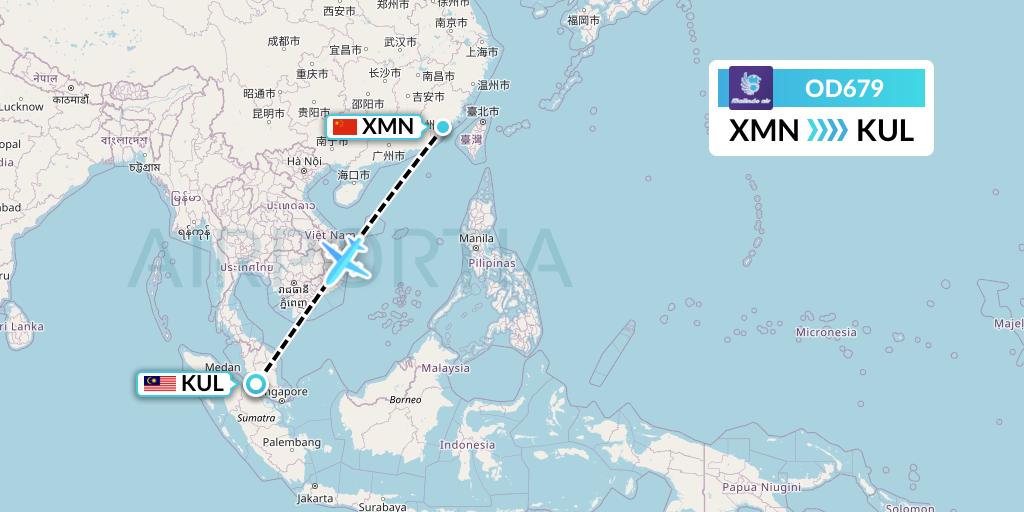 OD679 Batik Air Malaysia Flight Map: Xiamen to Kuala Lumpur