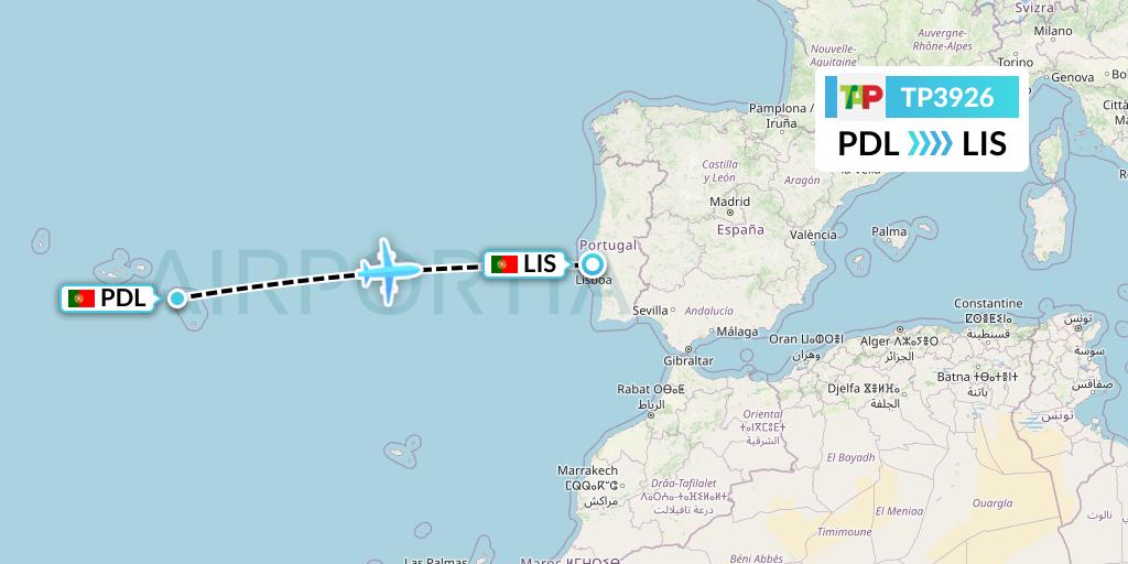 TP3926 TAP Portugal Flight Map: Ponta Delgada to Lisbon