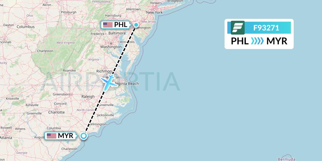 F93271 Frontier Airlines Flight Map: Philadelphia to Myrtle Beach