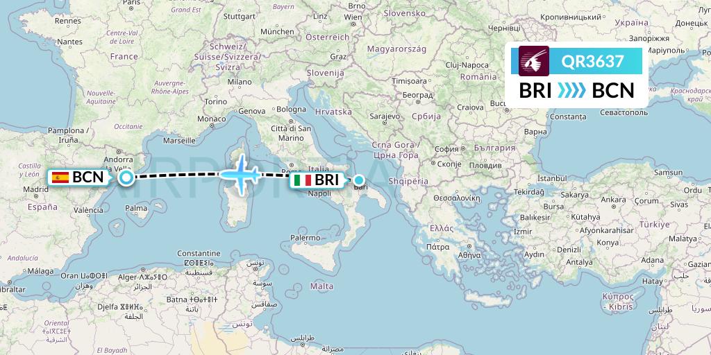 QR3637 Qatar Airways Flight Map: Bari to Barcelona