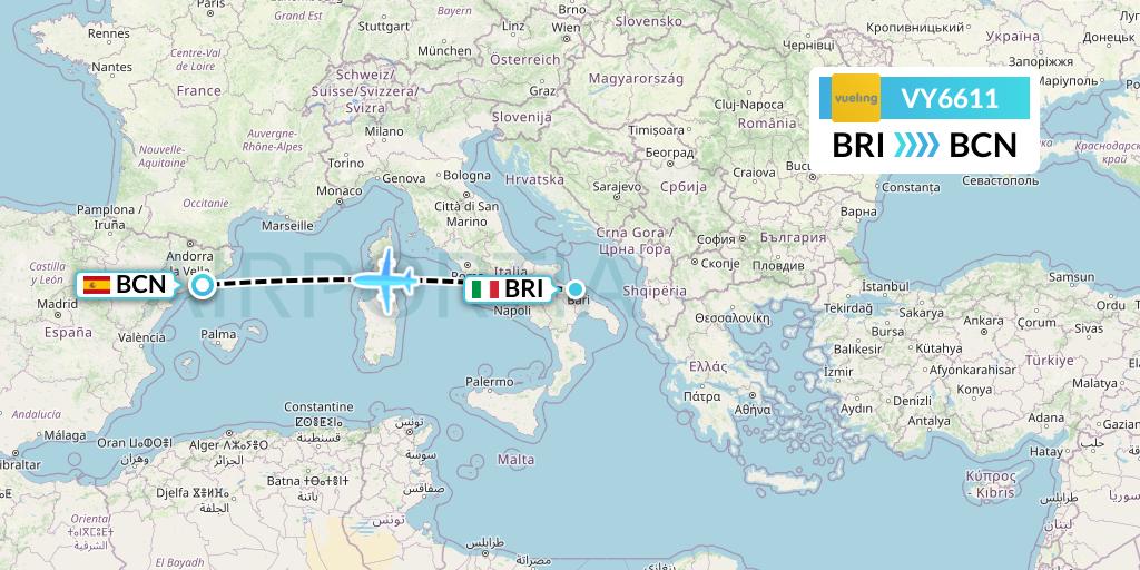 VY6611 Vueling Flight Map: Bari to Barcelona