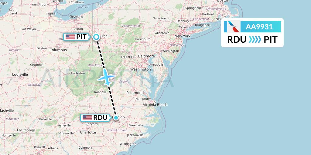 AA9931 American Airlines Flight Map: Raleigh-Durham to Pittsburgh