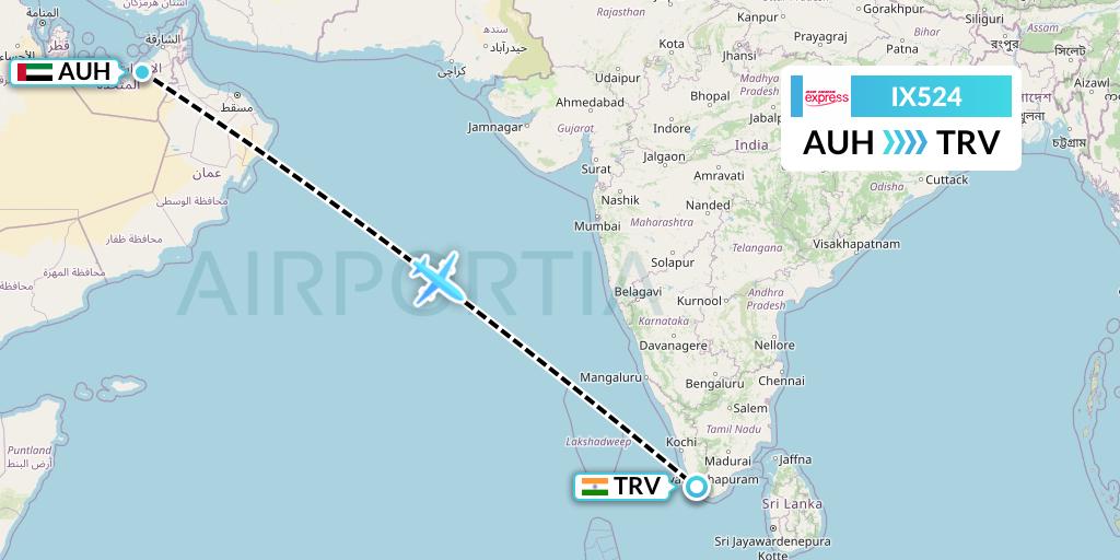IX524 Air India Express Flight Map: Abu Dhabi to Thiruvananthapuram