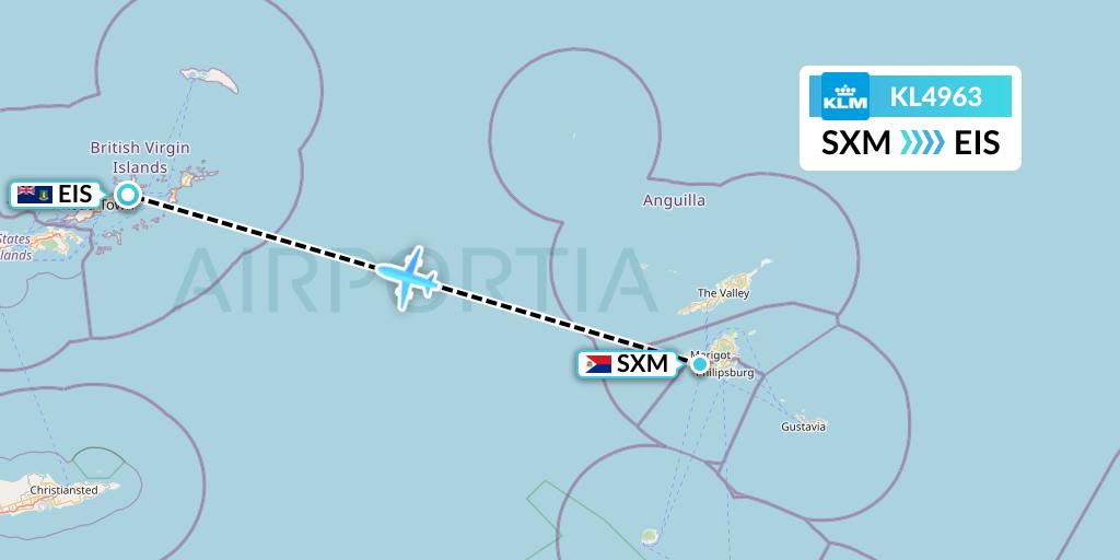 KL4963 KLM Flight Map: Sint Maarten to Beef Island
