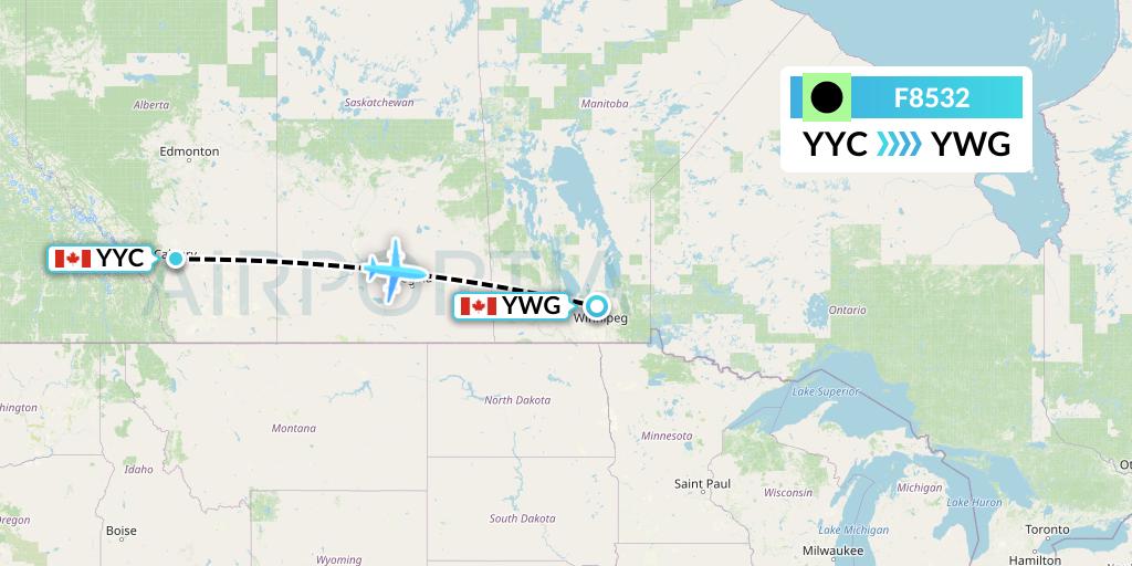 F8532 Flair Airlines Flight Map: Calgary to Winnipeg