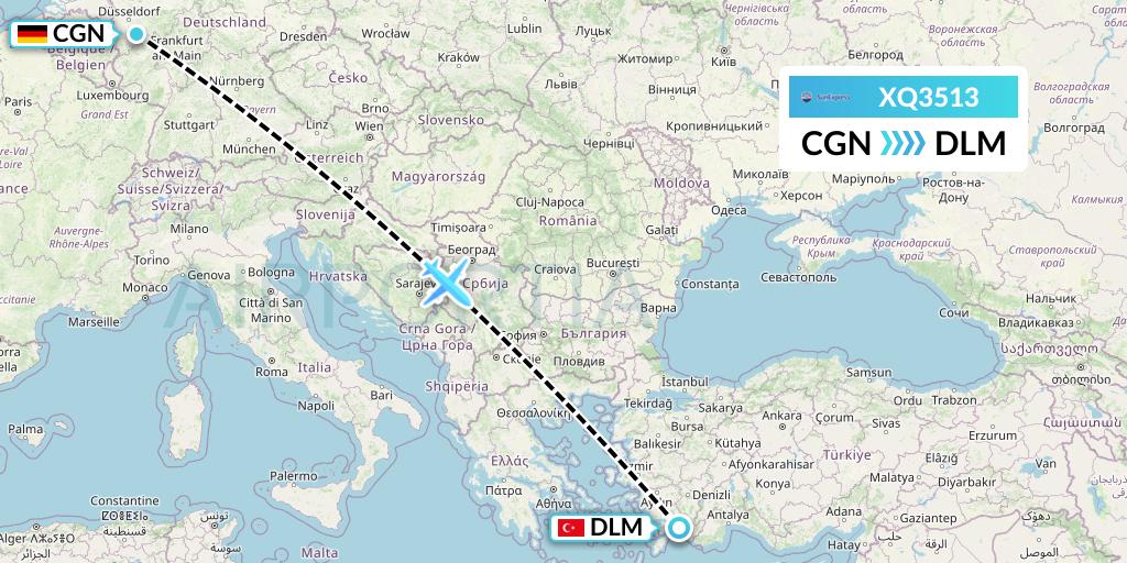 XQ3513 SunExpress Flight Map: Cologne to Dalaman