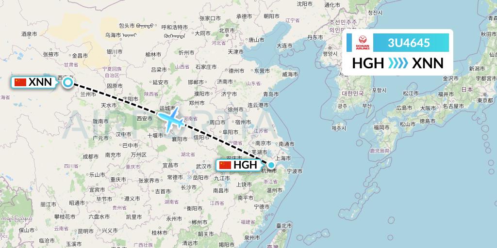 3U4645 Sichuan Airlines Flight Map: Hangzhou to Xining