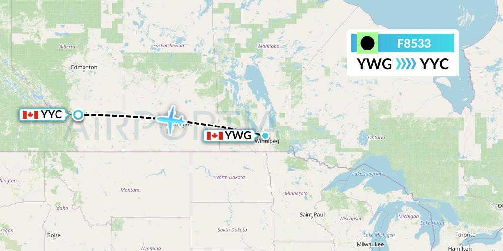 F8533 Flair Airlines Flight Map: Winnipeg to Calgary
