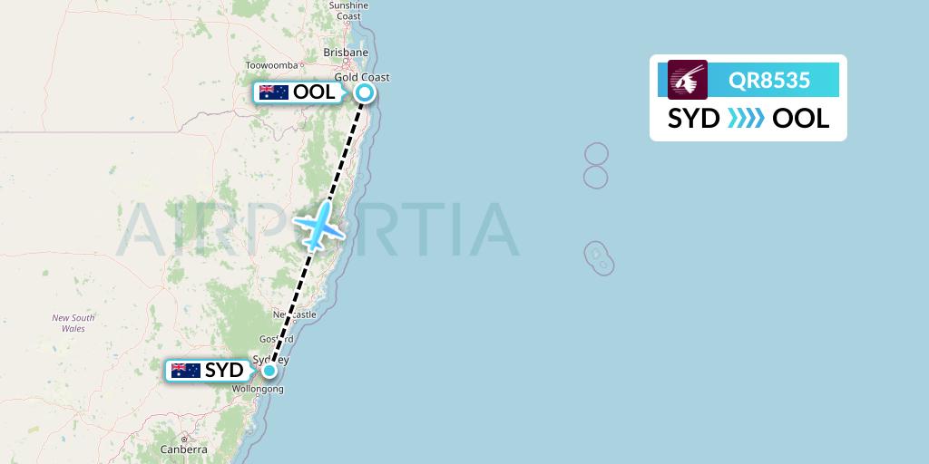 QR8535 Qatar Airways Flight Map: Sydney to Gold Coast