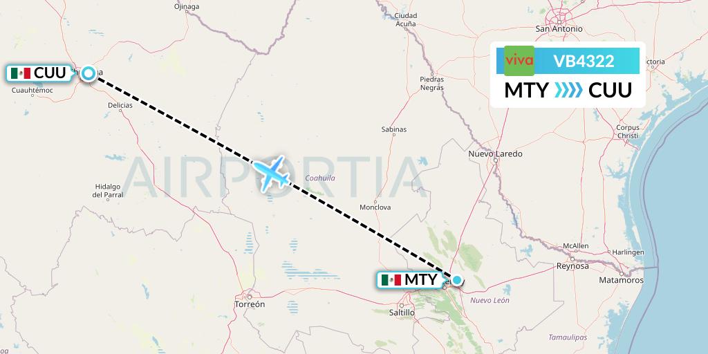 VB4322 VivaAerobus Flight Map: Monterrey to Chihuahua