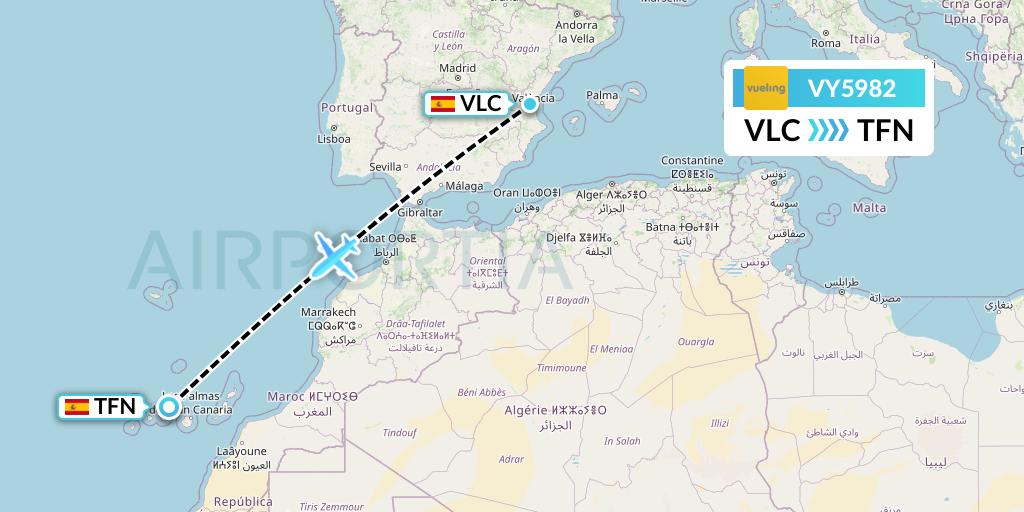 VY5982 Vueling Flight Map: Valencia to Tenerife