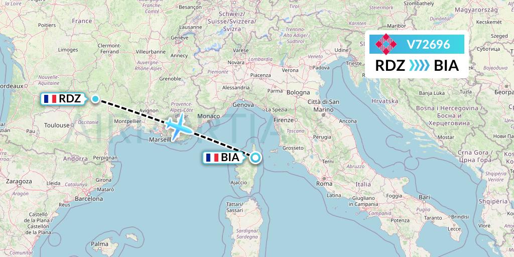 V72696 Volotea Flight Map: Rodez to Bastia