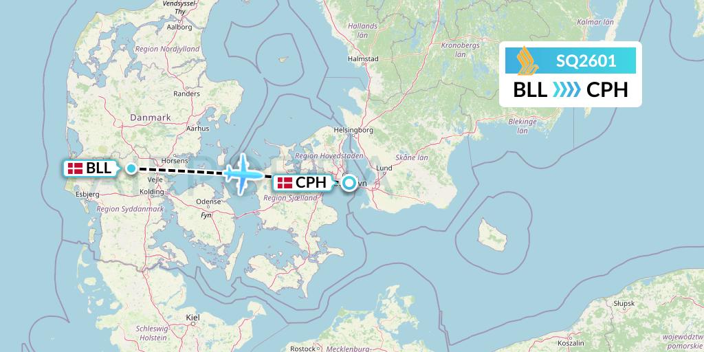 SQ2601 Singapore Airlines Flight Map: Billund to Copenhagen