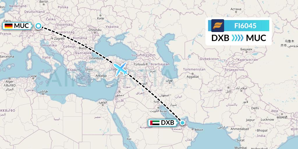FI6045 Icelandair Flight Map: Dubai to Munich