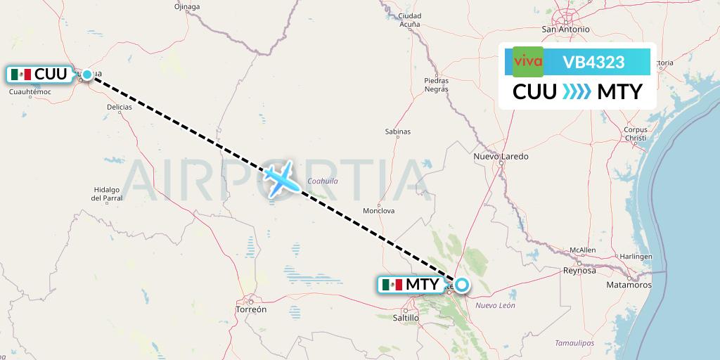 VB4323 VivaAerobus Flight Map: Chihuahua to Monterrey