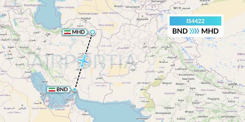 IS4422 Sepehran Airlines Flight Map: Bandar Abbas to Mashhad