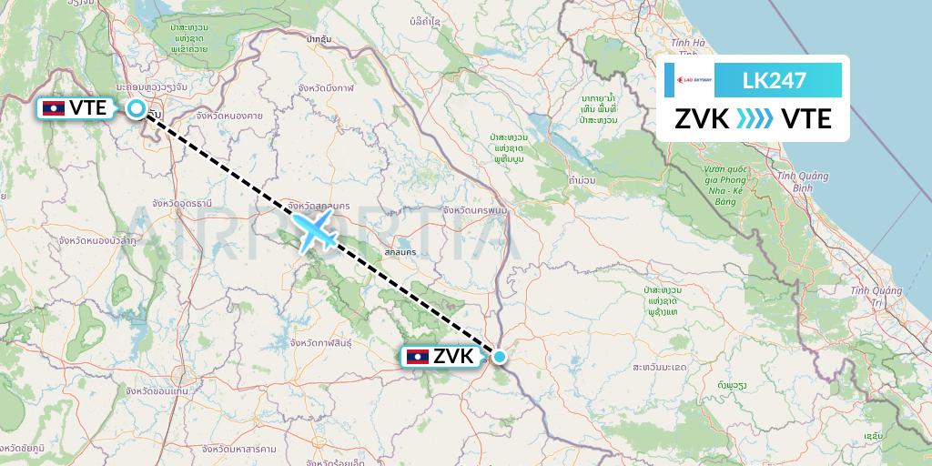 LK247 Lao Skyway Flight Map: Savannakhet to Vientiane