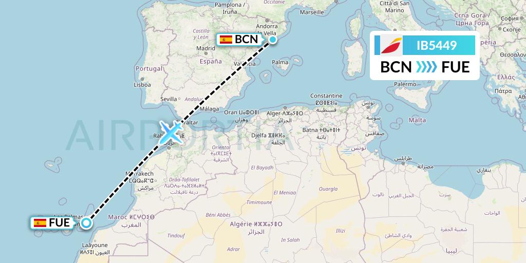 IB5449 Iberia Flight Map: Barcelona to Fuerteventura