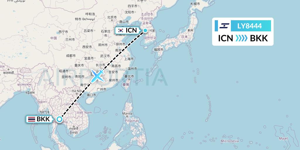 LY8444 El Al Flight Map: Seoul to Bangkok