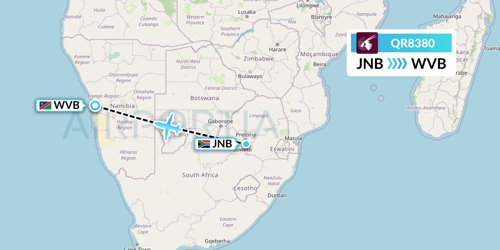 QR8380 Qatar Airways Flight Map: Johannesburg to Walvis Bay