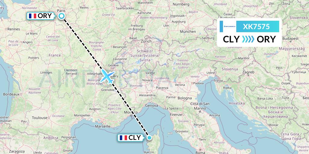 XK7575 Air Corsica Flight Map: Calvi to Paris