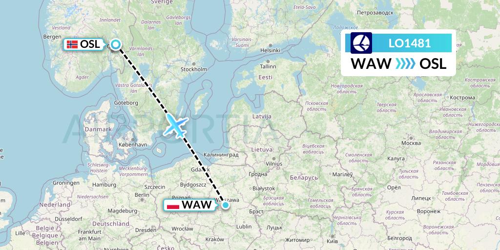 LO1481 LOT Flight Map: Warsaw to Oslo
