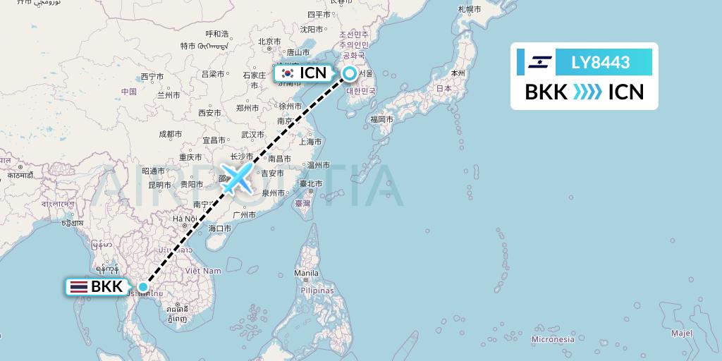 LY8443 El Al Flight Map: Bangkok to Seoul
