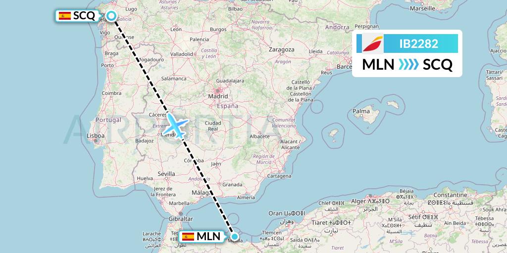 IB2282 Iberia Flight Map: Melilla to Santiago