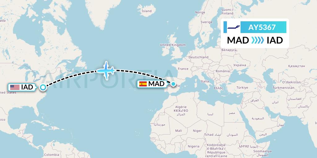AY5367 Finnair Flight Map: Madrid to Washington