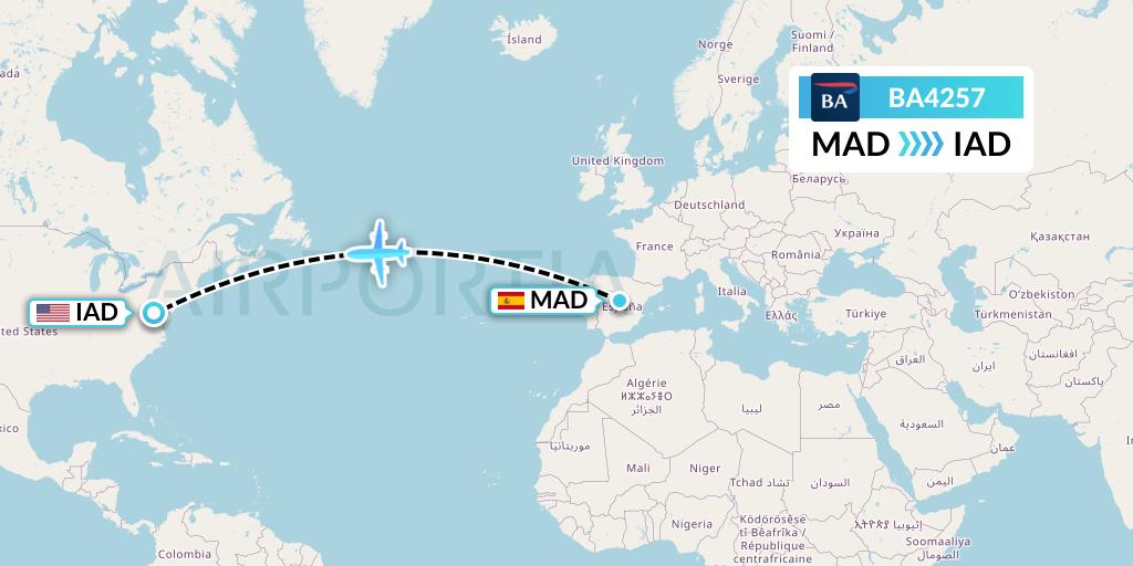 BA4257 British Airways Flight Map: Madrid to Washington
