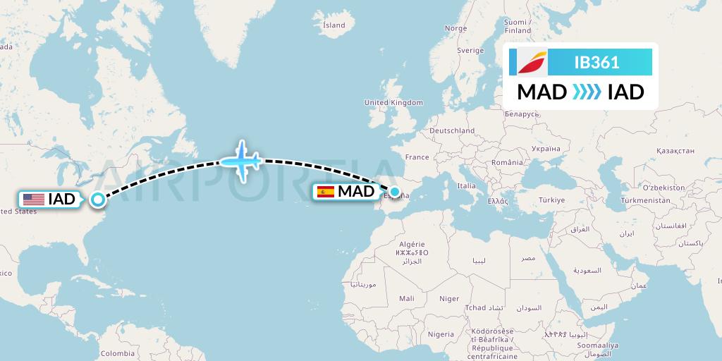 IB361 Iberia Flight Map: Madrid to Washington
