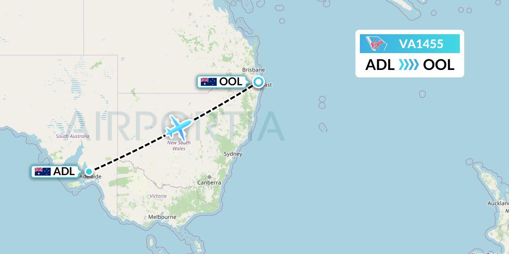 VA1455 Virgin Australia Flight Map: Adelaide to Gold Coast