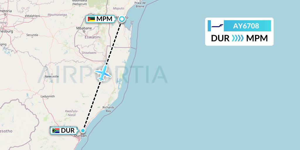 AY6708 Finnair Flight Map: Durban to Maputo