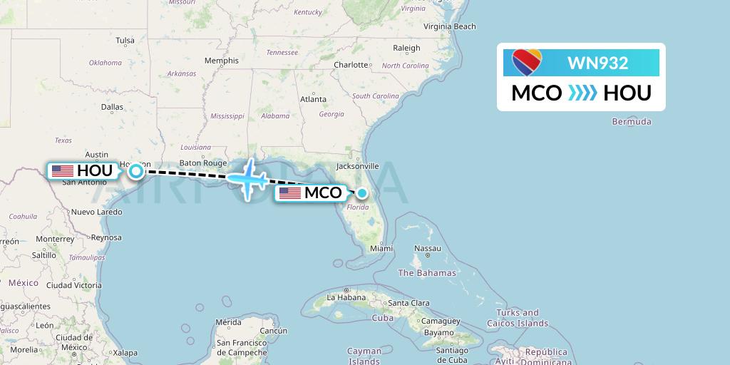 WN932 Southwest Airlines Flight Map: Orlando to Houston