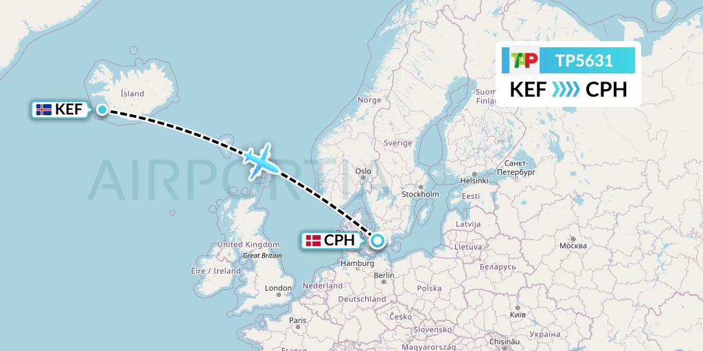 TP5631 TAP Portugal Flight Map: Reykjavik to Copenhagen