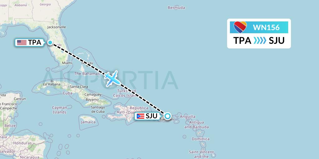 WN156 Southwest Airlines Flight Map: Tampa to San Juan