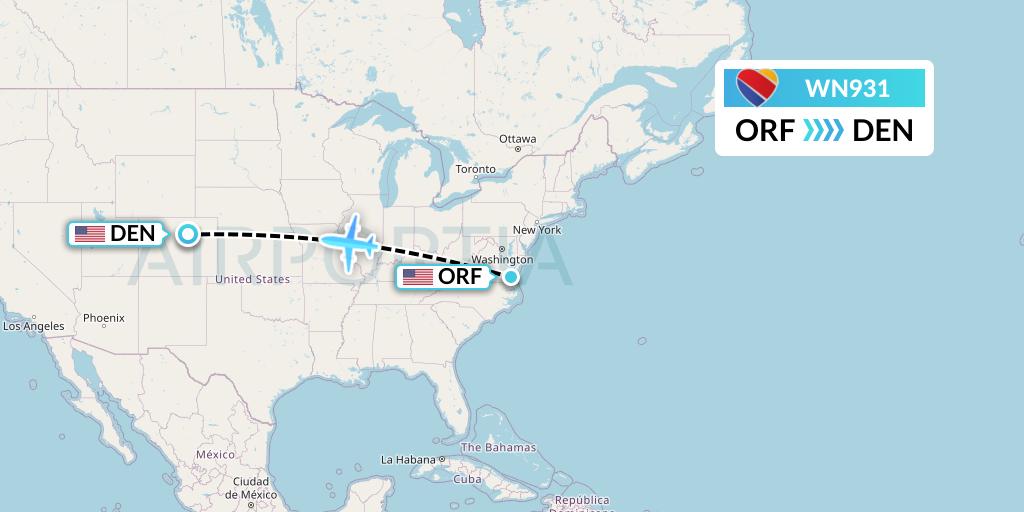WN931 Southwest Airlines Flight Map: Norfolk to Denver