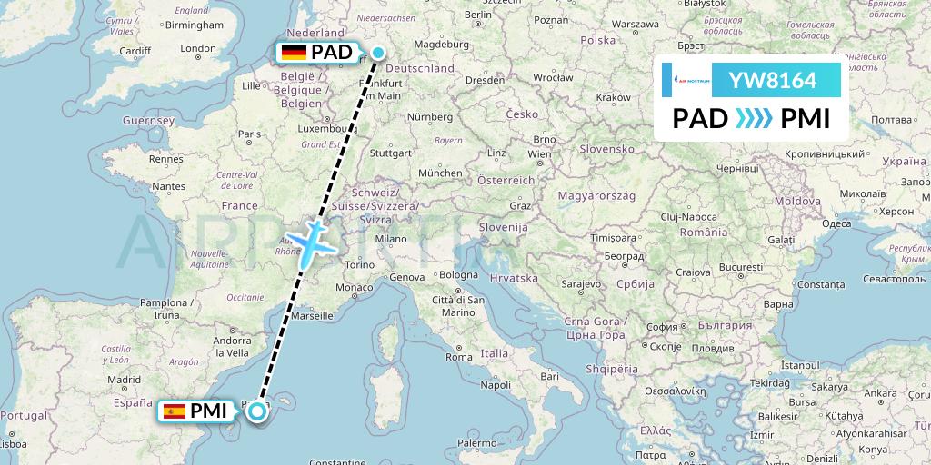 YW8164 Air Nostrum Flight Map: Paderborn to Palma de Mallorca