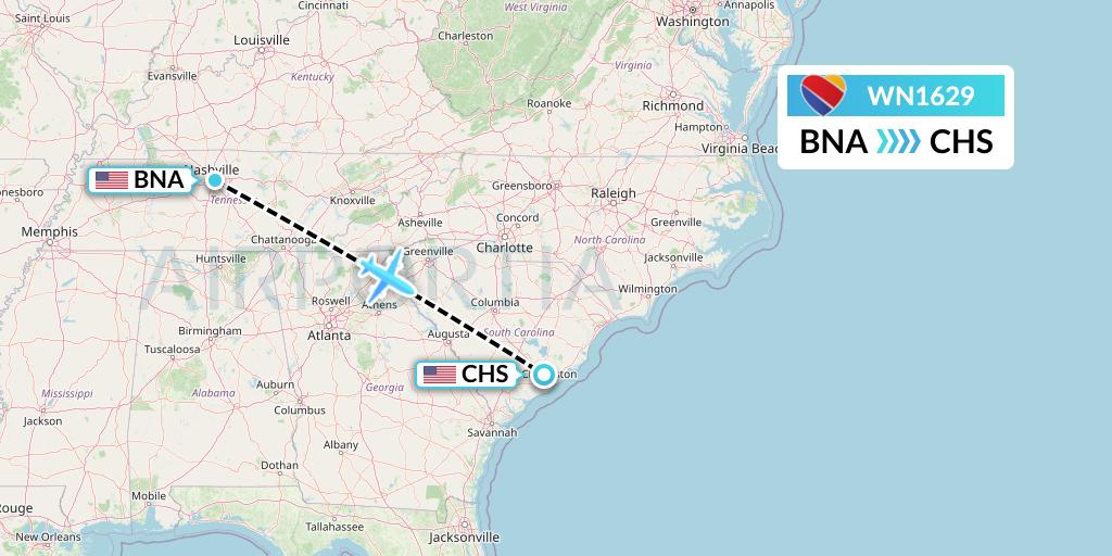 WN1629 Southwest Airlines Flight Map: Nashville to Charleston
