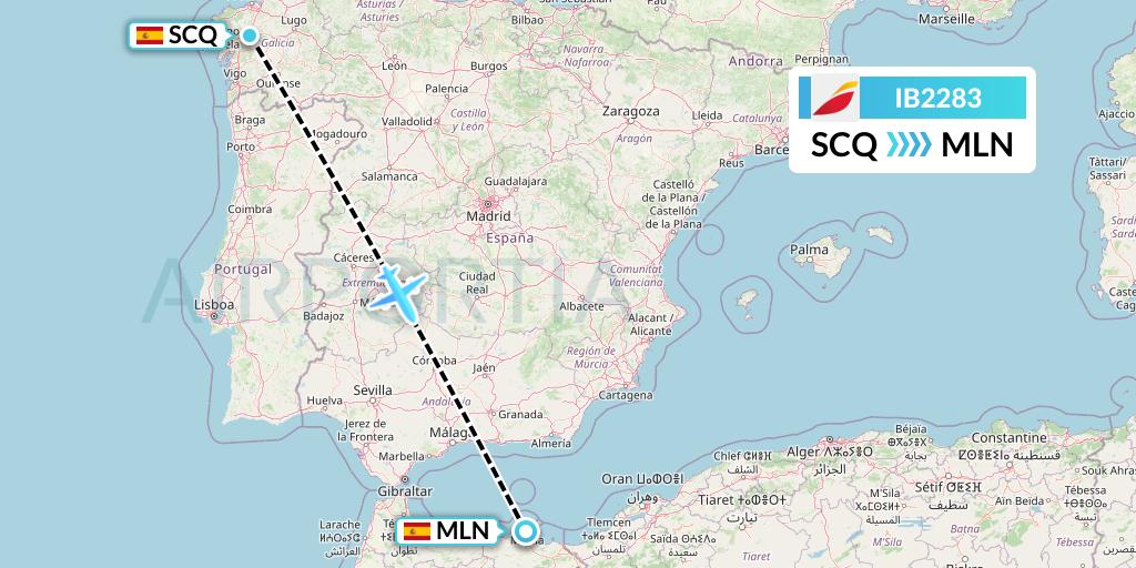 IB2283 Iberia Flight Map: Santiago to Melilla
