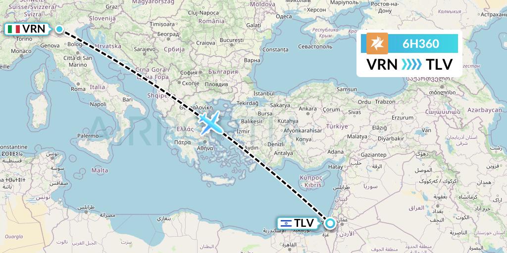 6H360 Israir Airlines Flight Map: Verona to Tel Aviv