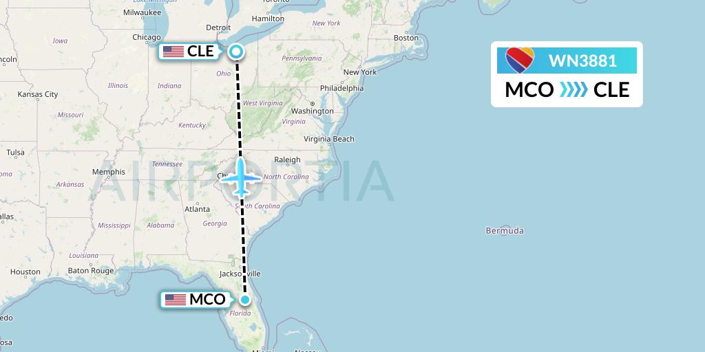 WN3881 Southwest Airlines Flight Map: Orlando to Cleveland